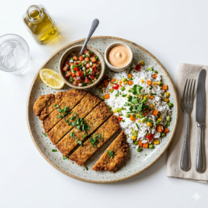 Milanesa de ternera con arroz salteado