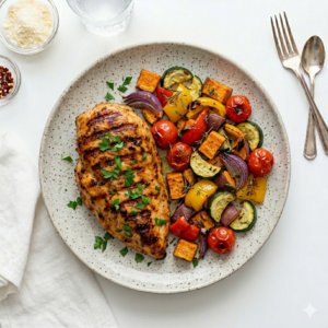 Pollo grillado con verduras al horno