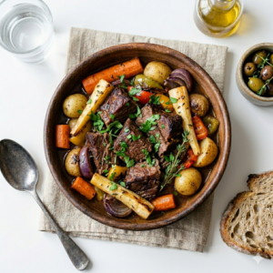Ternera braseada con verduras al horno